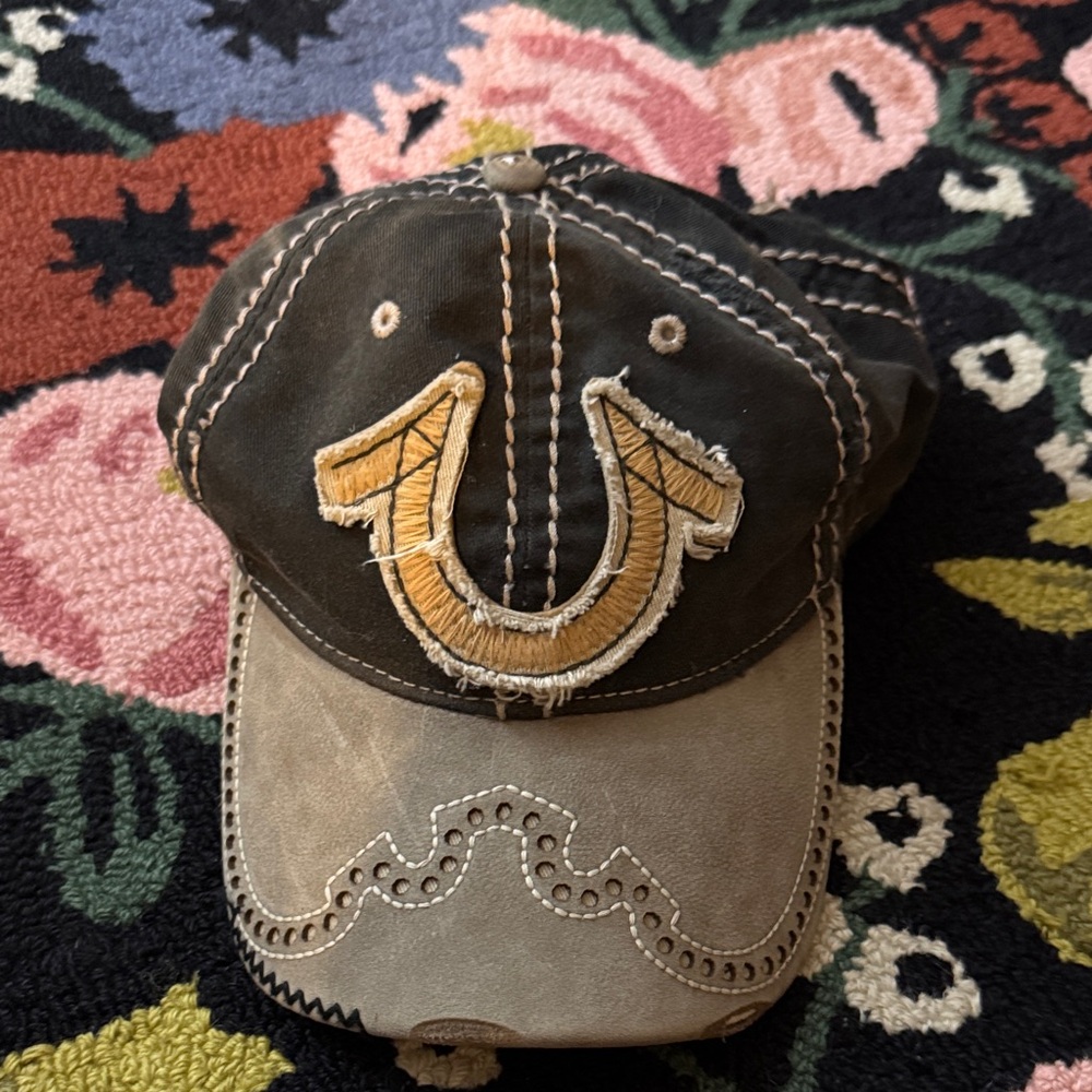 True Religion Black and Tan Distressed Cap with Logo Detail
